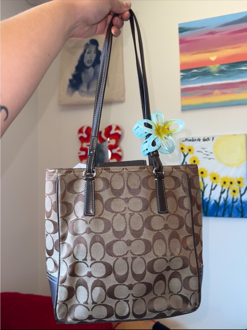 Coach Brown Signature Canvas Shoulder Tote with Dark Leather Trim